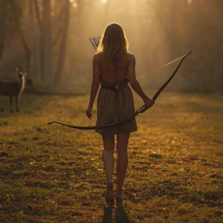 Frau steht aufrecht im Wald mit Bogen, symbolisiert Stand und Eigenständigkeit
